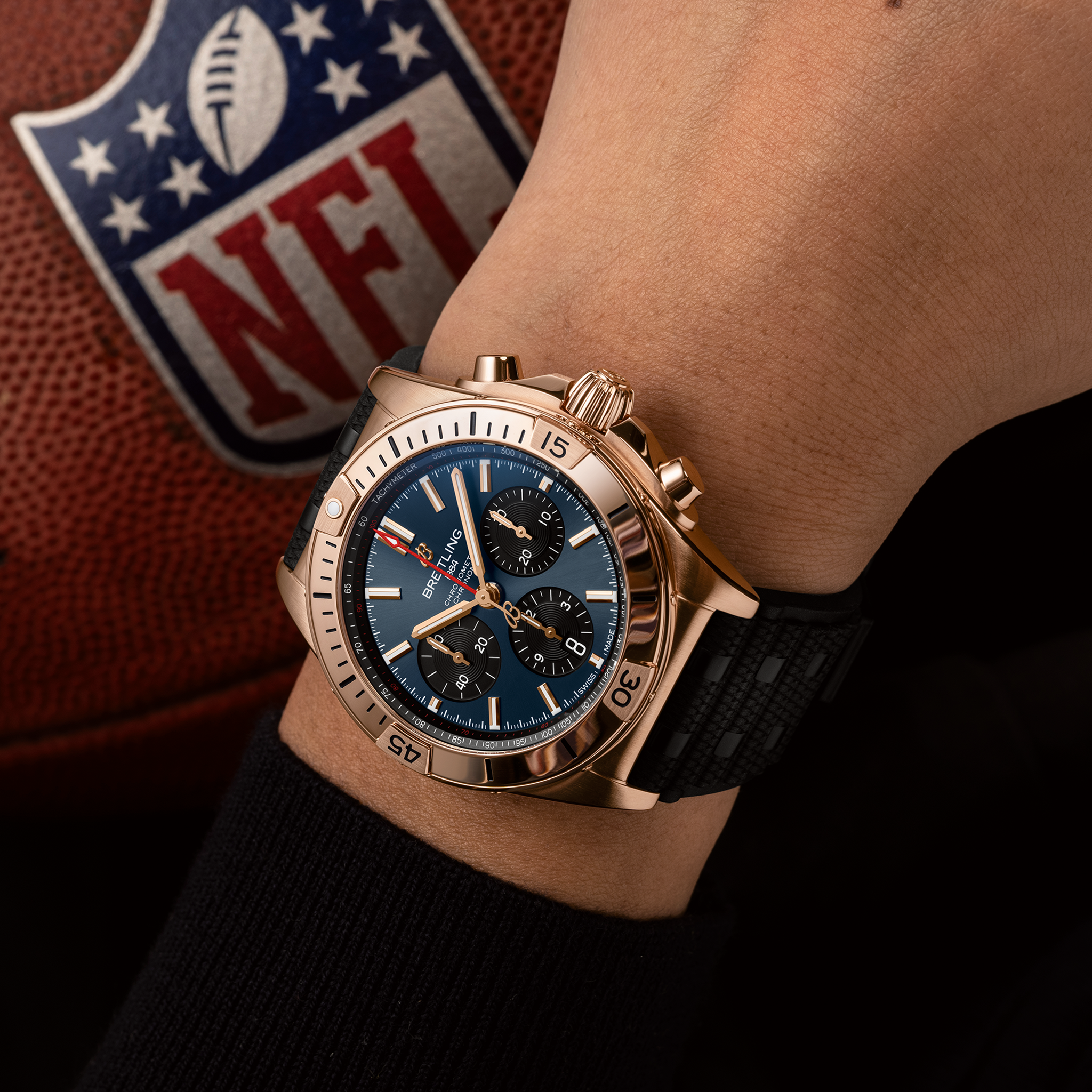 Breitling Chronomat B01 42 Super Bowl LVIII RB01343A1C1S1 on wrist